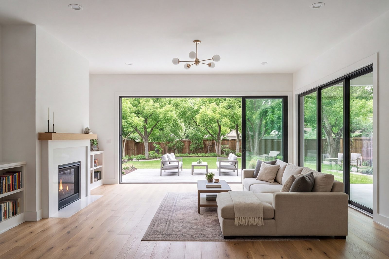 Living room with new large sliding doors opened to the back yard